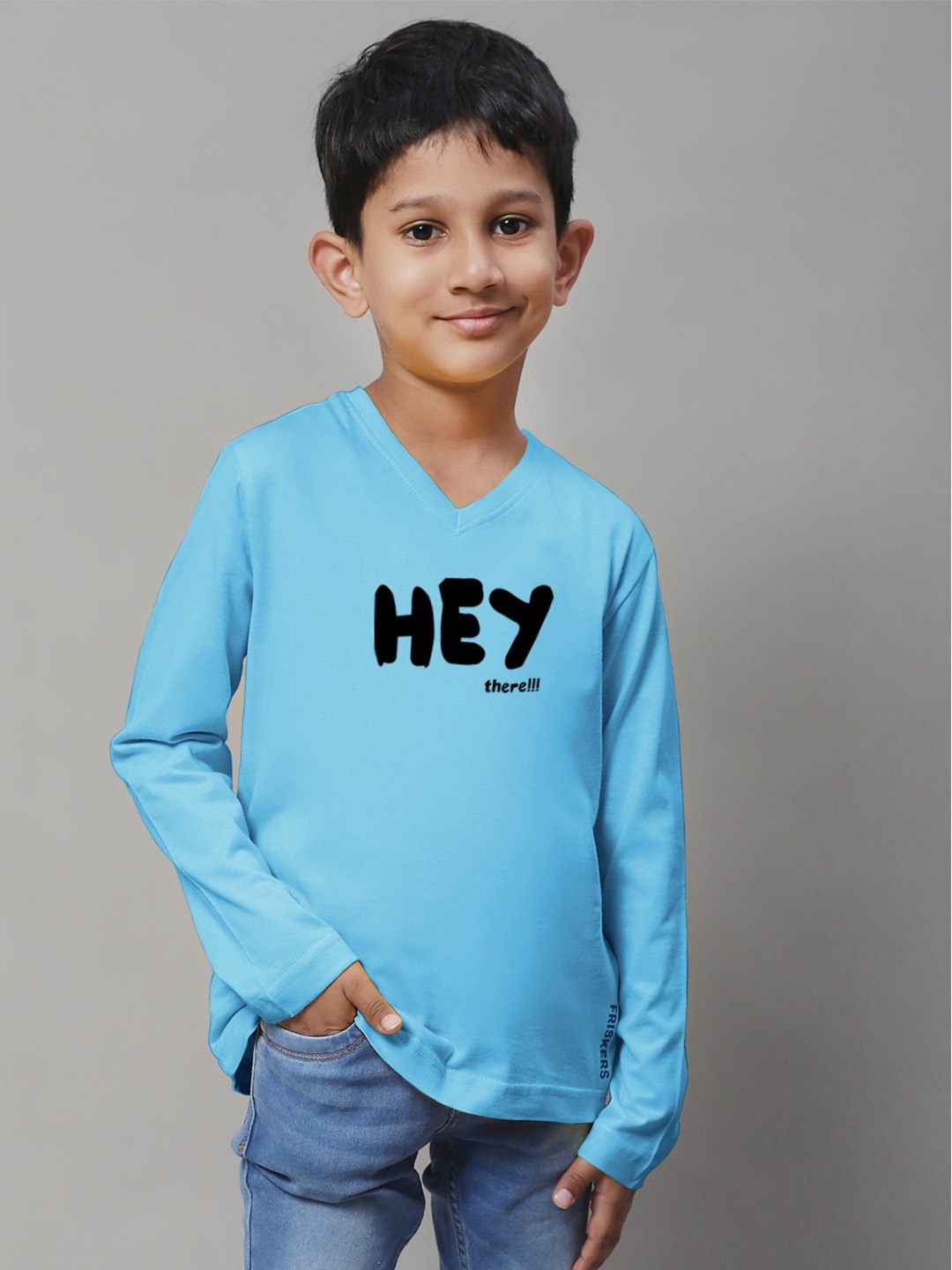

Friskers Boys Turquoise Blue Typography Printed V-Neck Applique T-shirt