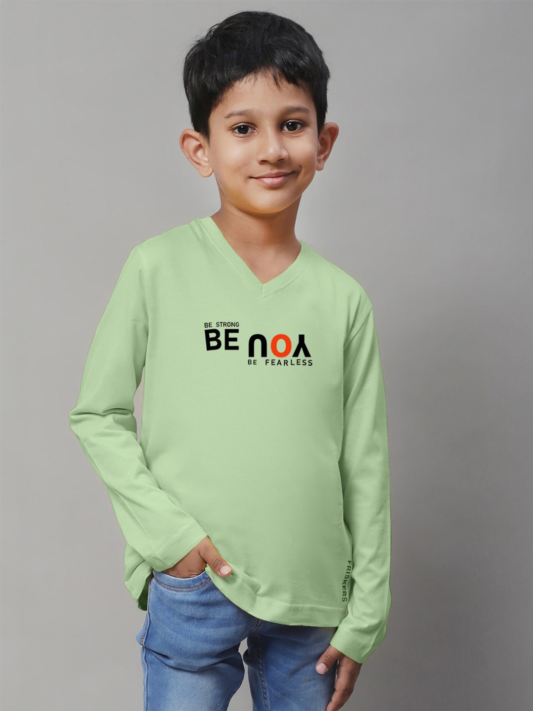 

Friskers Boys Sea Green Typography V-Neck Applique T-shirt