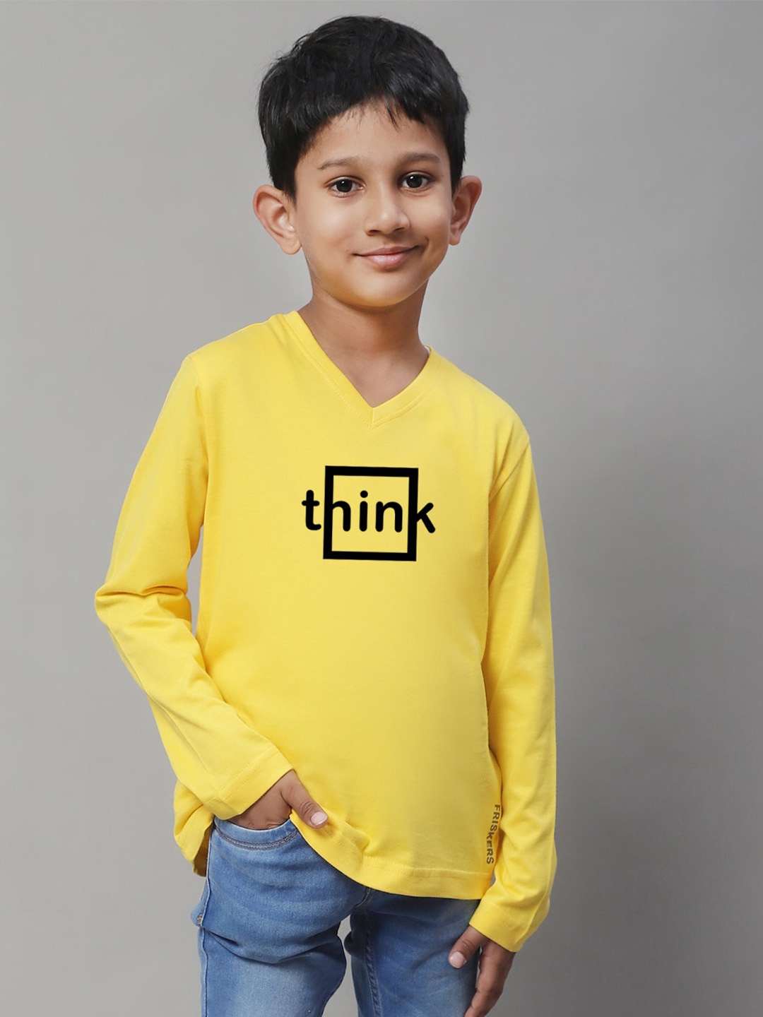 

Friskers Boys Yellow Typography Printed V-Neck Applique T-shirt