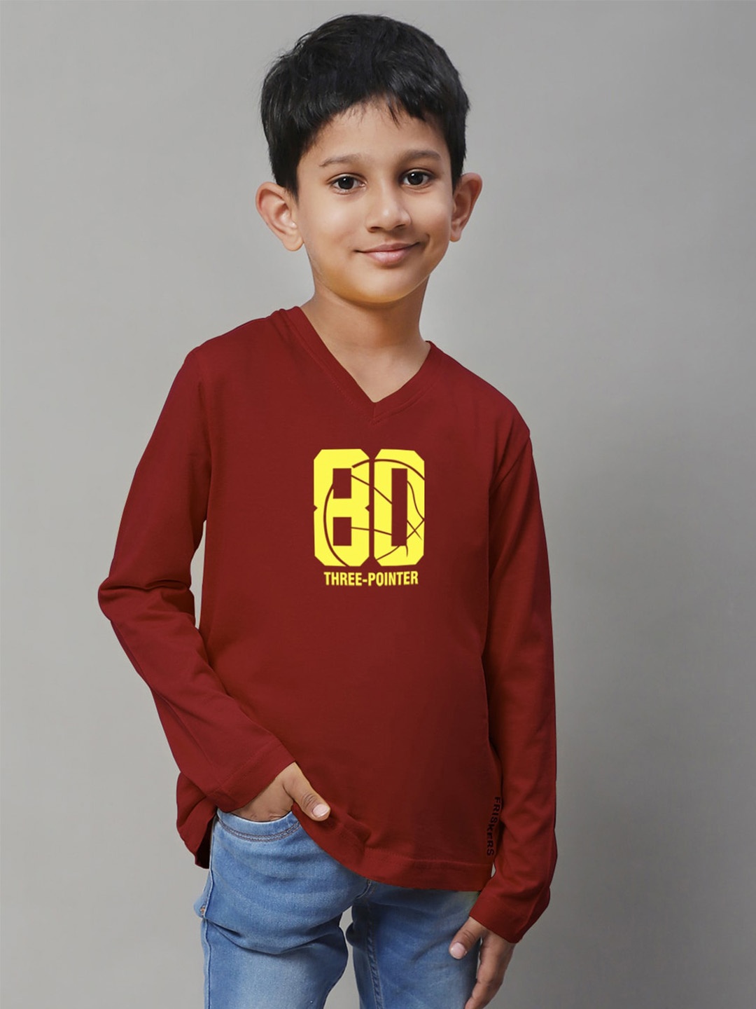 Friskers Boys Maroon Typography Printed V-Neck Applique T-shirt