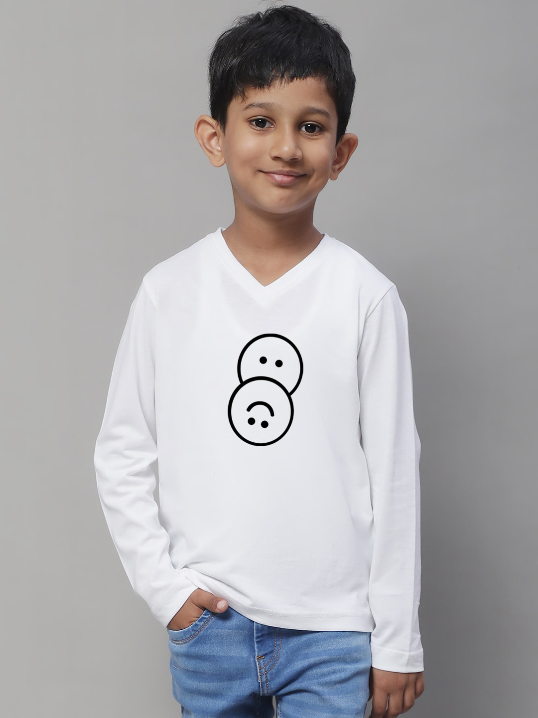 

Friskers Boys White Typography Printed V-Neck Monochrome Applique T-shirt