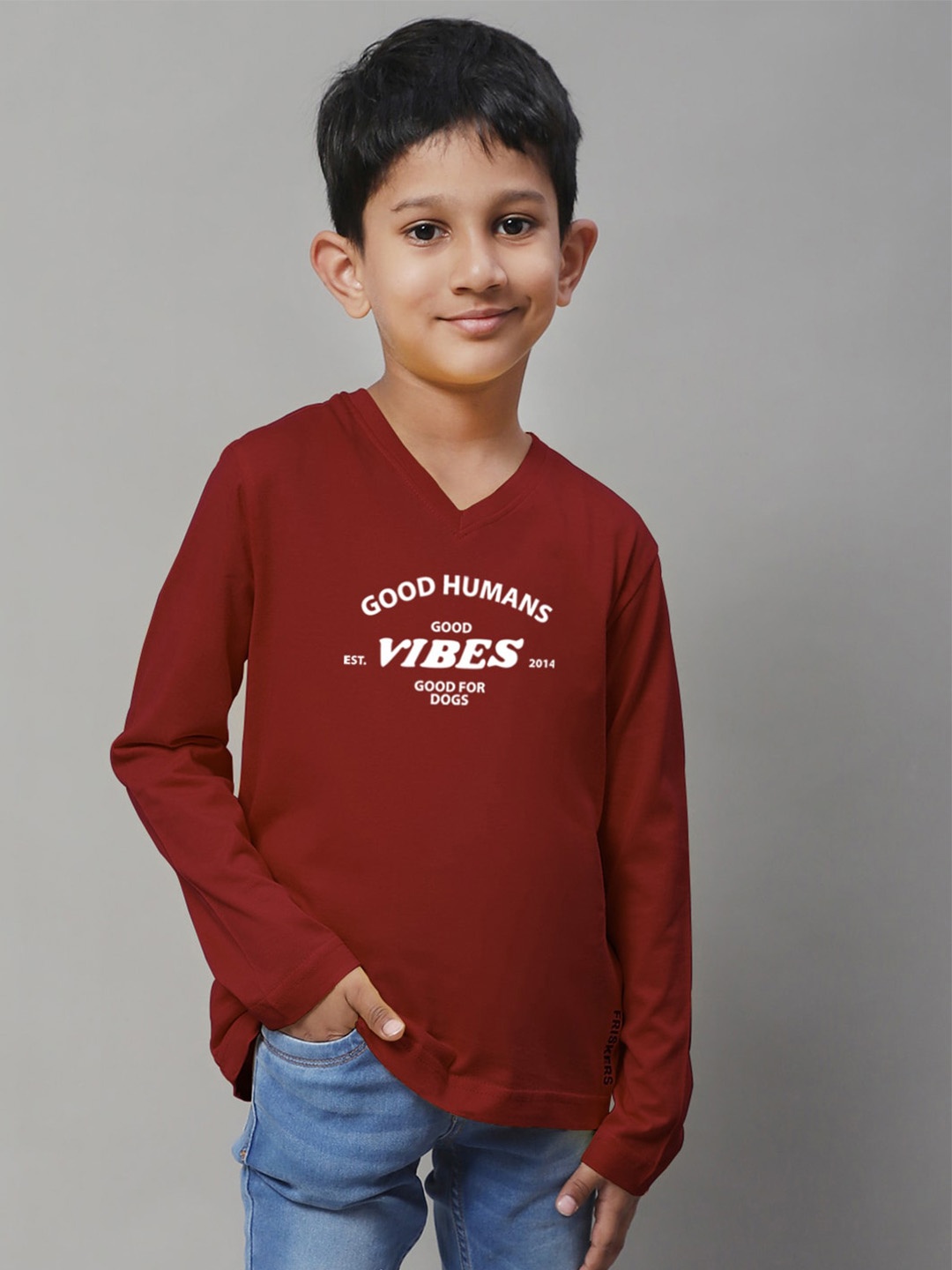 

Friskers Boys Maroon Typography Printed V-Neck T-shirt