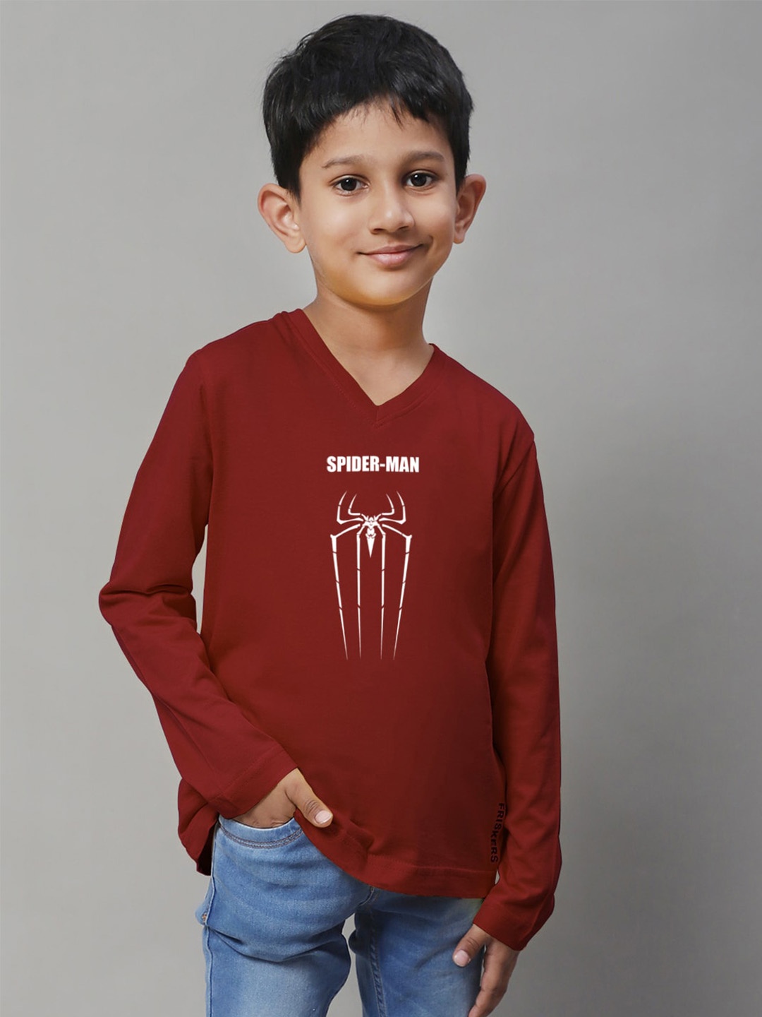 Friskers Boys Maroon Typography Printed V-Neck Applique T-shirt