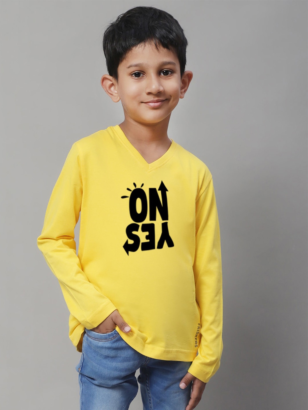 

Friskers Boys Yellow Typography Printed V-Neck Pockets T-shirt
