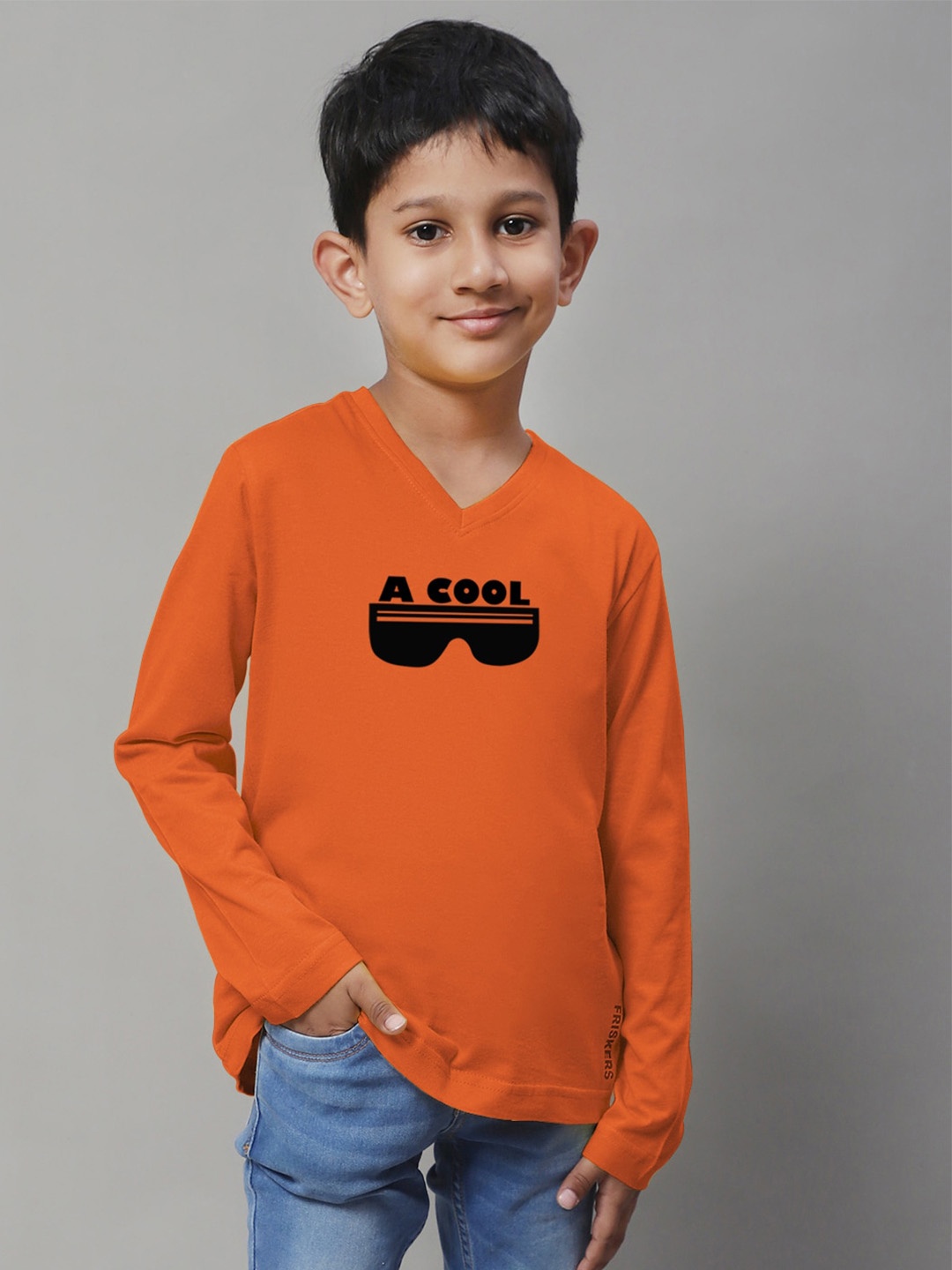 

Friskers Boys Orange Typography Printed V-Neck Applique T-shirt