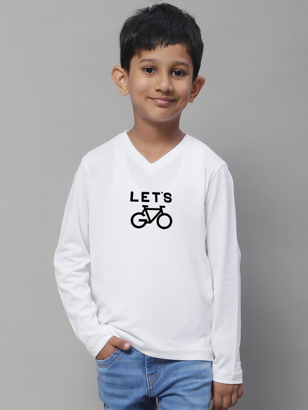 

Friskers Boys White Typography Printed V-Neck Monochrome Applique T-shirt