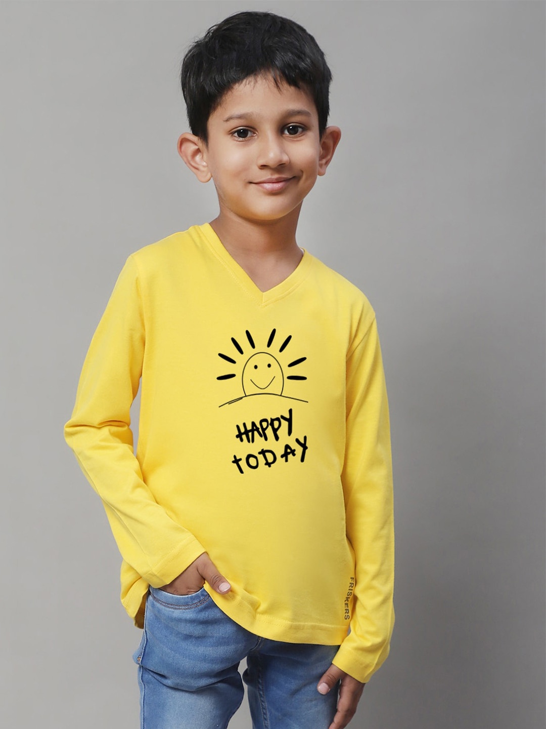

Friskers Boys Yellow Typography Printed V-Neck Raw Edge T-shirt