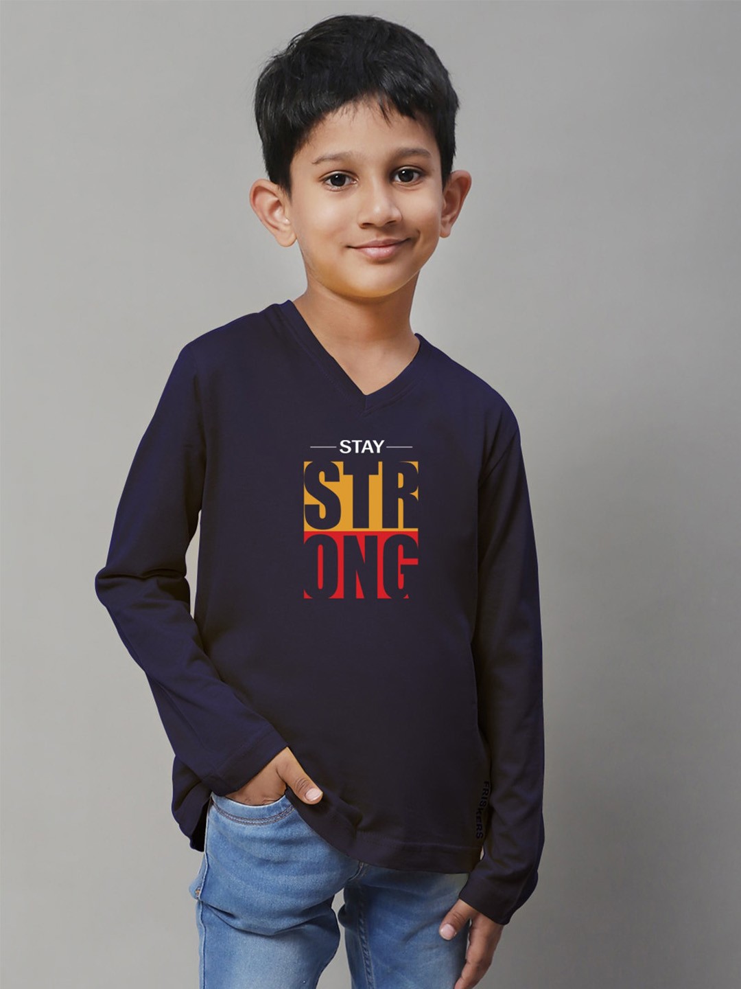 

Friskers Boys Navy Blue Typography Printed V-Neck Applique T-shirt