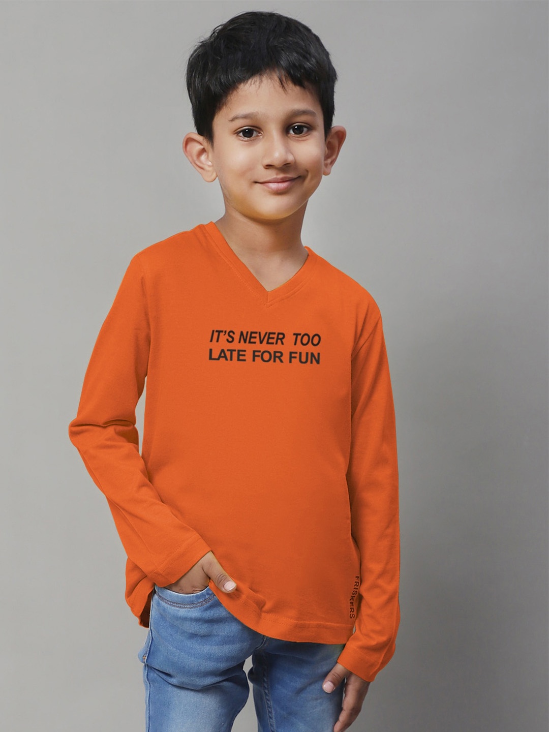 

Friskers Boys Orange Typography Printed V-Neck T-shirt
