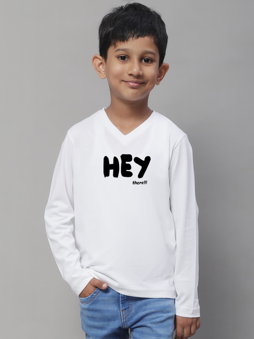 

Friskers Boys White Typography Printed V-Neck Applique T-shirt
