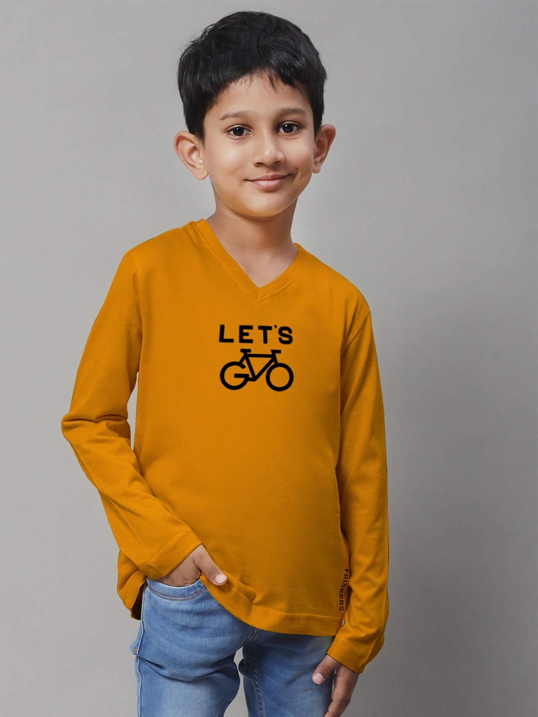 

Friskers Boys Mustard Yellow Typography Printed V-Neck Applique T-shirt