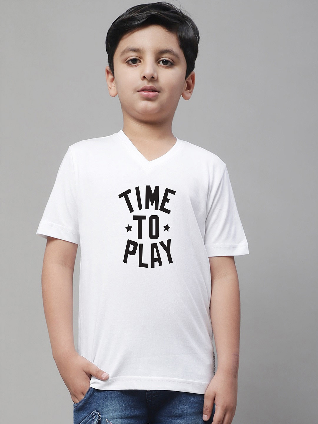 

Friskers Boys White Typography Printed V-Neck Applique T-shirt
