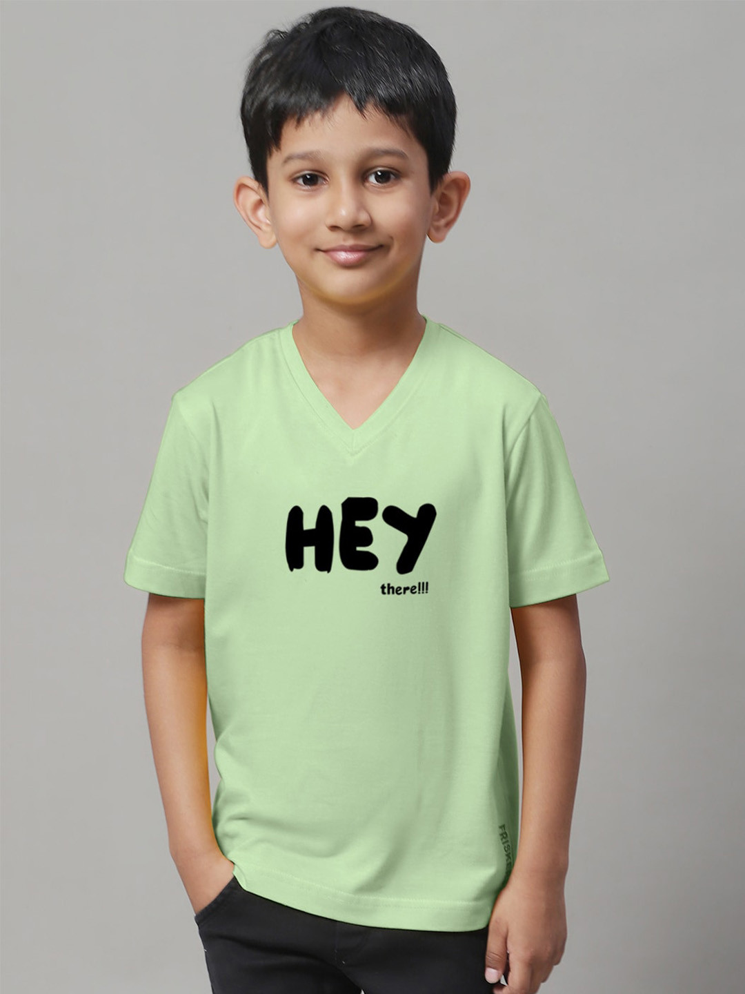 

Friskers Boys Sea Green Typography Printed V-Neck Applique T-shirt