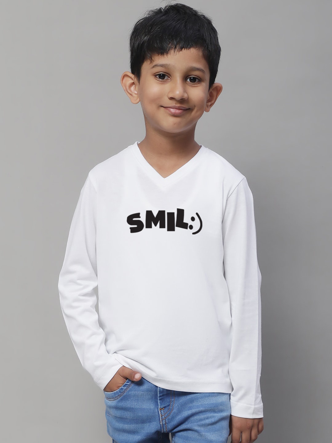 

Friskers Boys White Typography Printed V-Neck Monochrome Applique T-shirt
