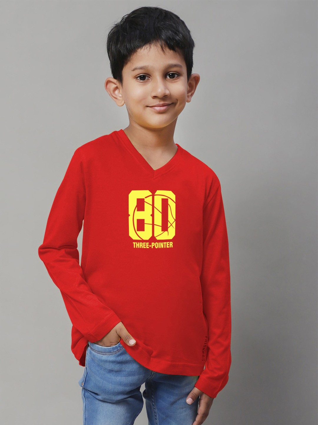 

Friskers Boys Red Typography Printed V-Neck Applique T-shirt