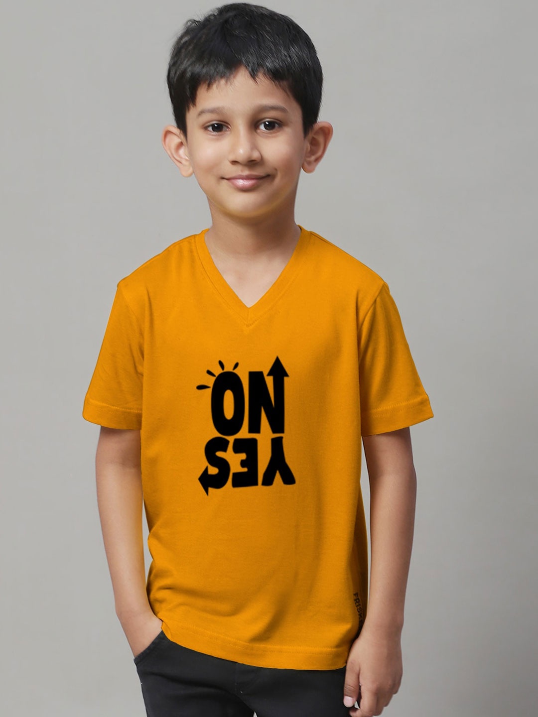 

Friskers Boys Mustard Yellow Typography Printed V-Neck Raw Edge T-shirt