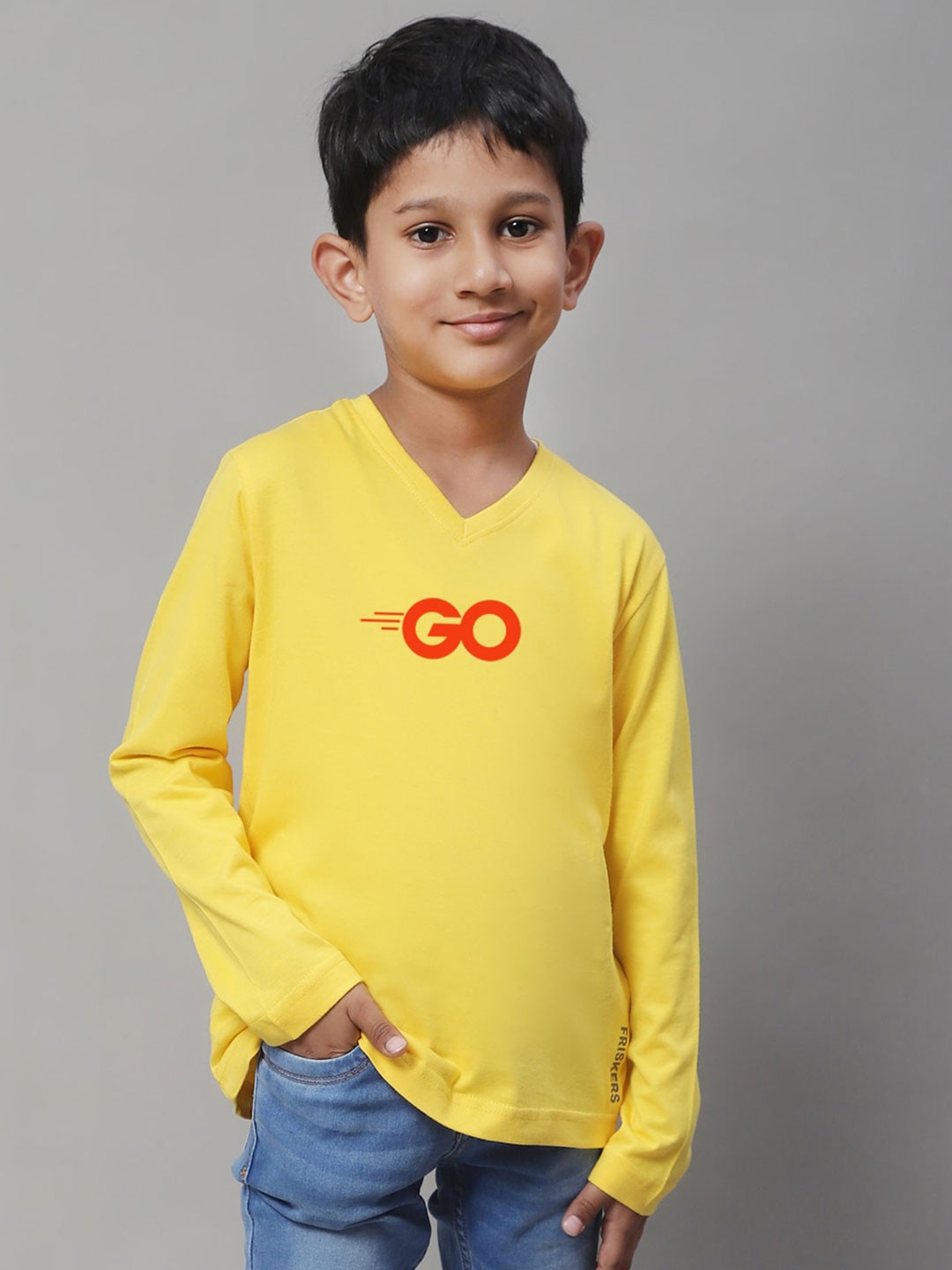 

Friskers Boys Yellow V-Neck Applique T-shirt