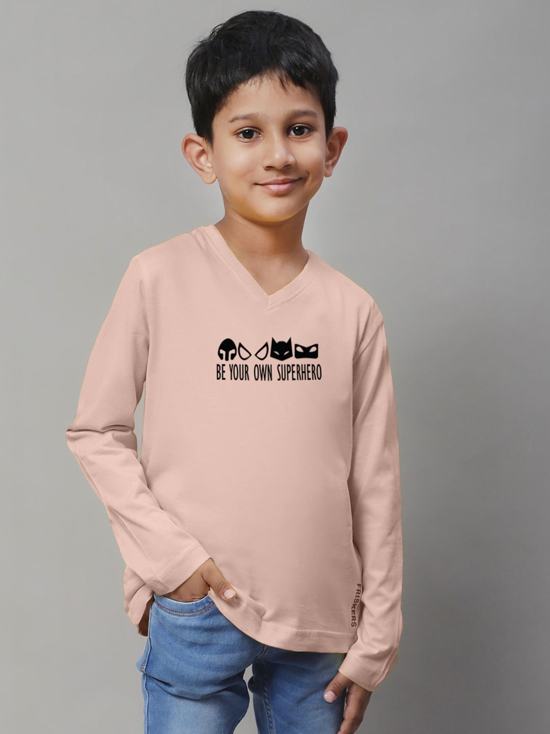 

Friskers Boys Coral Typography Printed V-Neck Raw Edge T-shirt