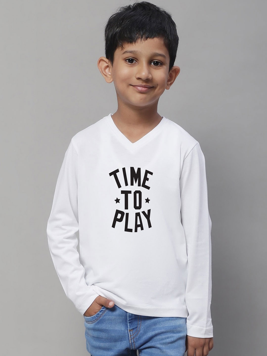 Friskers Boys White Typography Printed V-Neck Raw Edge T-shirt