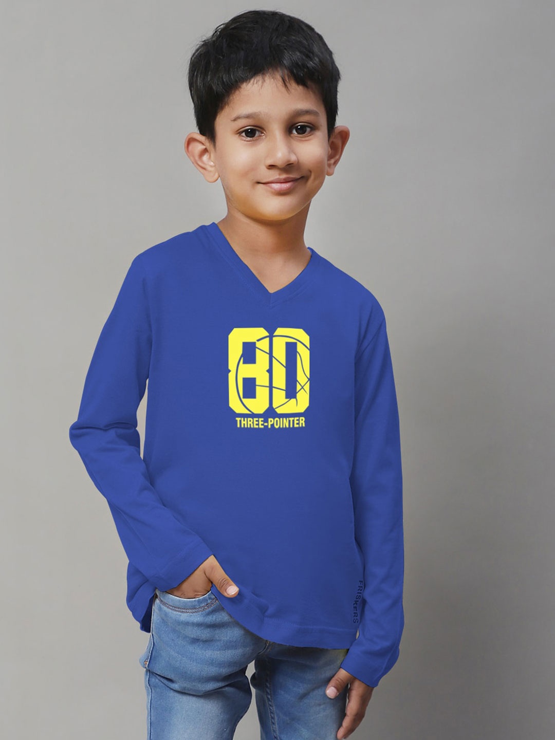 

Friskers Boys Blue Typography Printed V-Neck Applique T-shirt