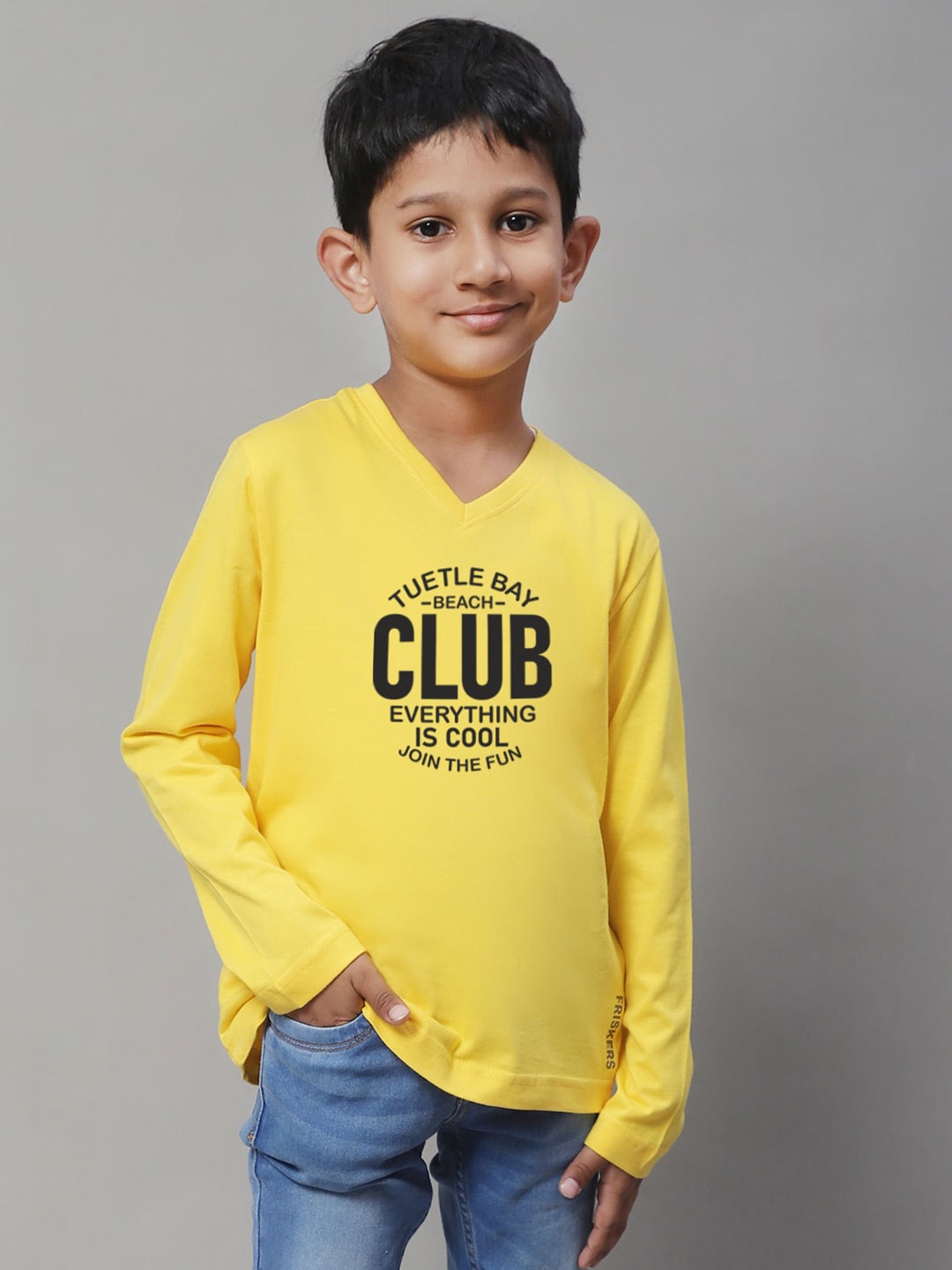 

Friskers Boys Yellow Typography Printed V-Neck Applique T-shirt
