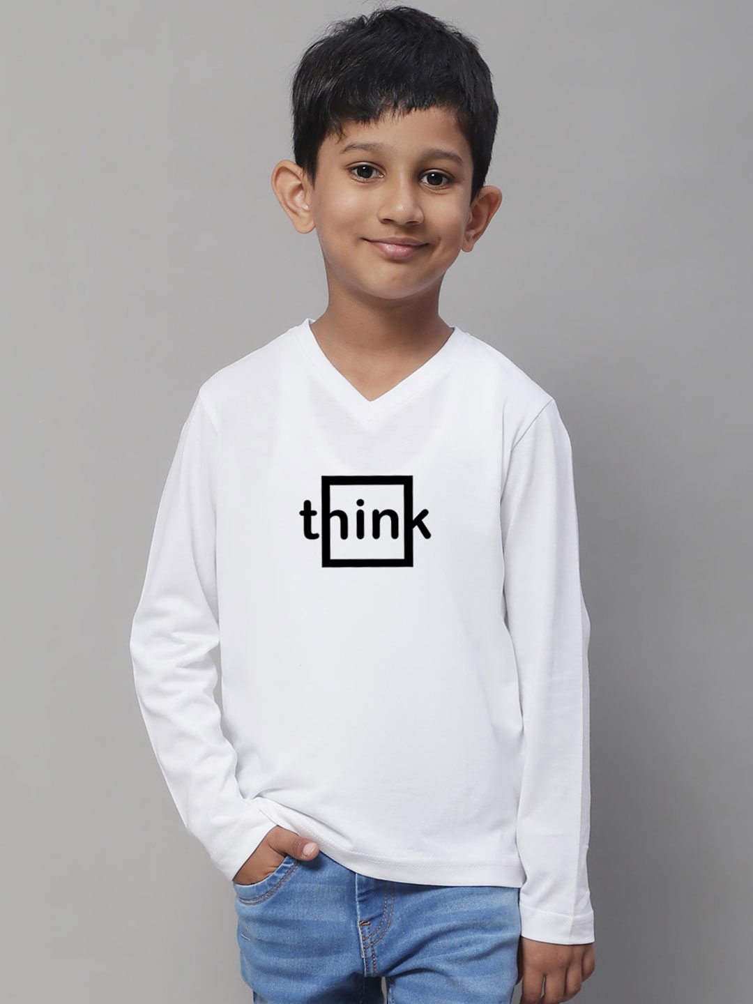 Friskers Boys White Typography Printed V-Neck Monochrome Applique T-shirt