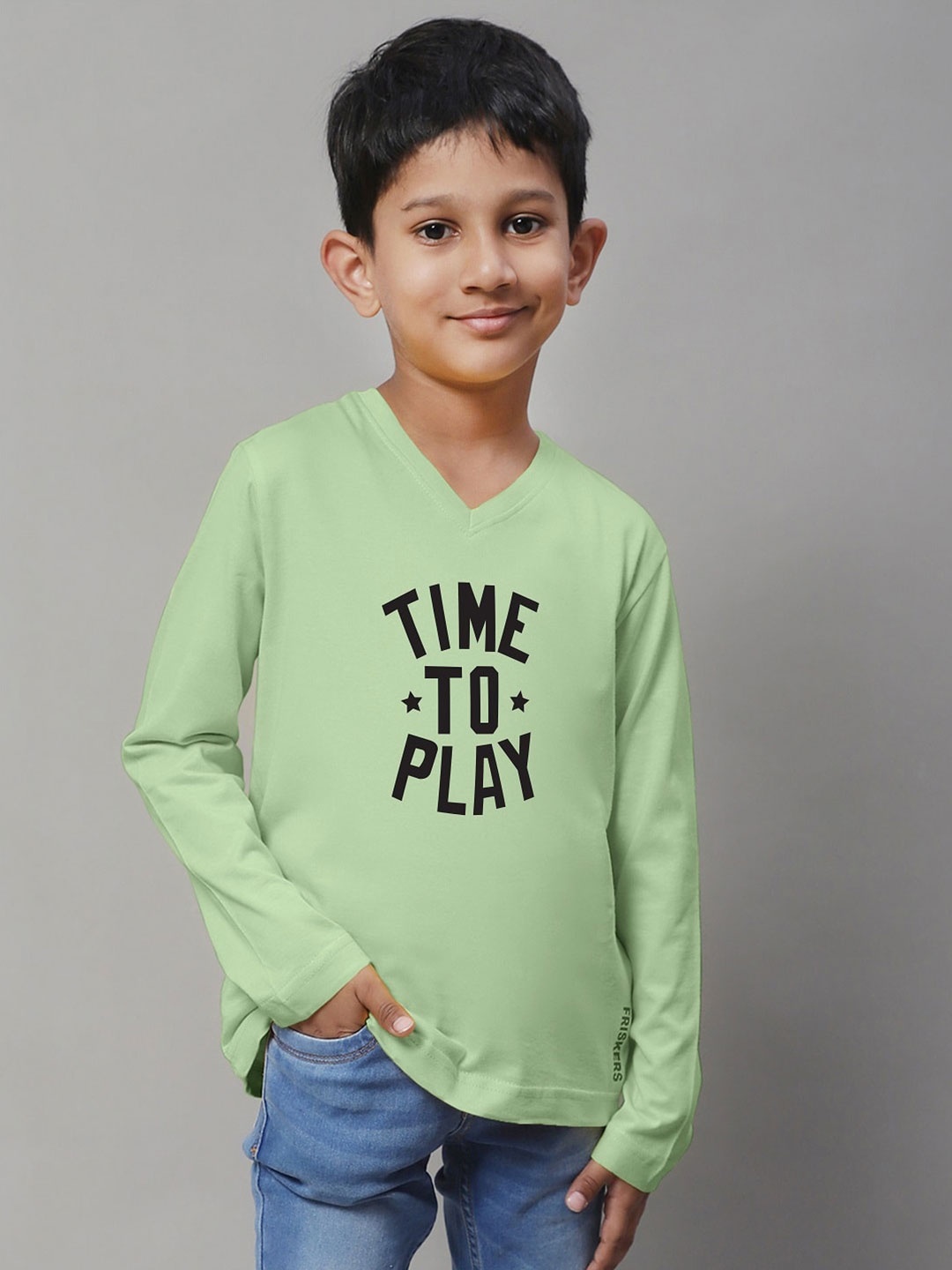 Friskers Boys Sea Green Typography Printed V-Neck Applique T-shirt