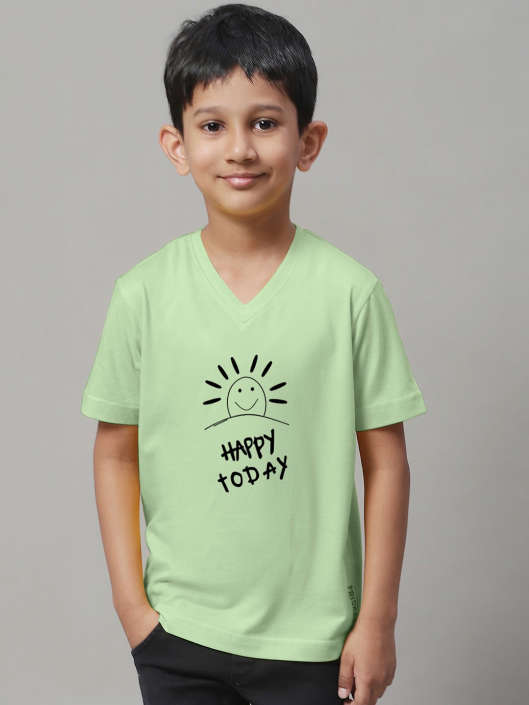 

Friskers Boys Sea Green Typography Printed V-Neck Raw Edge T-shirt