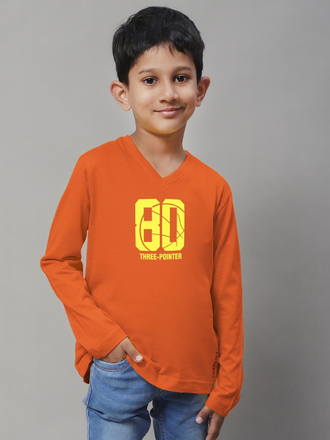 

Friskers Boys Orange Typography Printed V-Neck Applique T-shirt