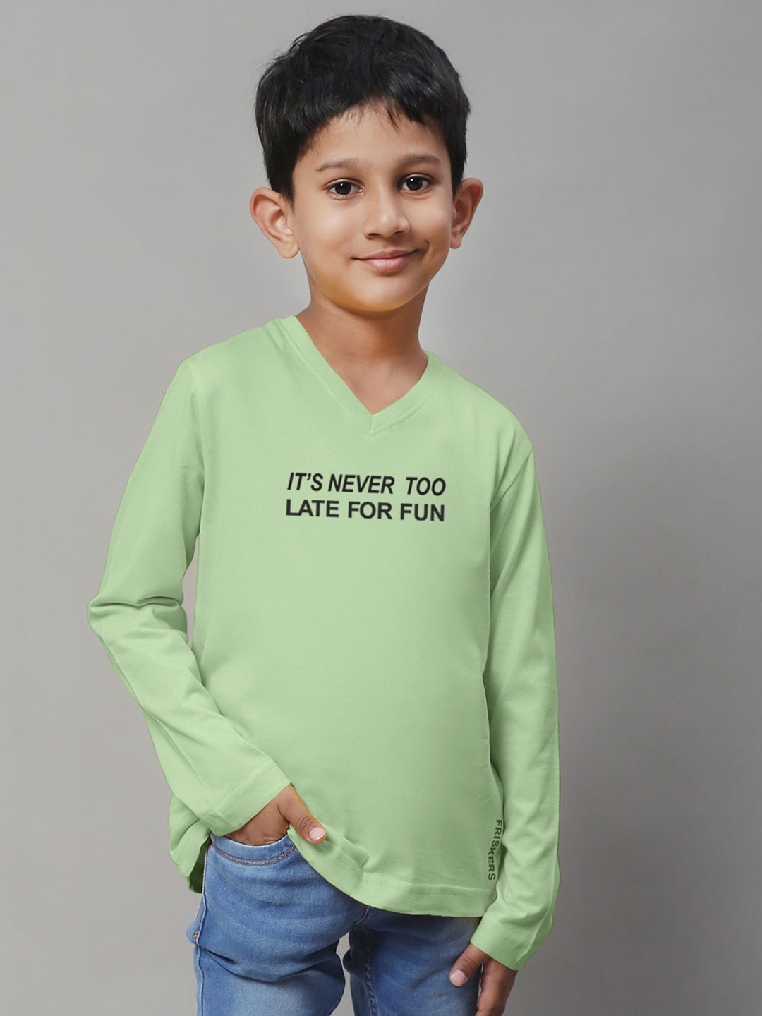 

Friskers Boys Sea Green Typography Printed V-Neck T-shirt