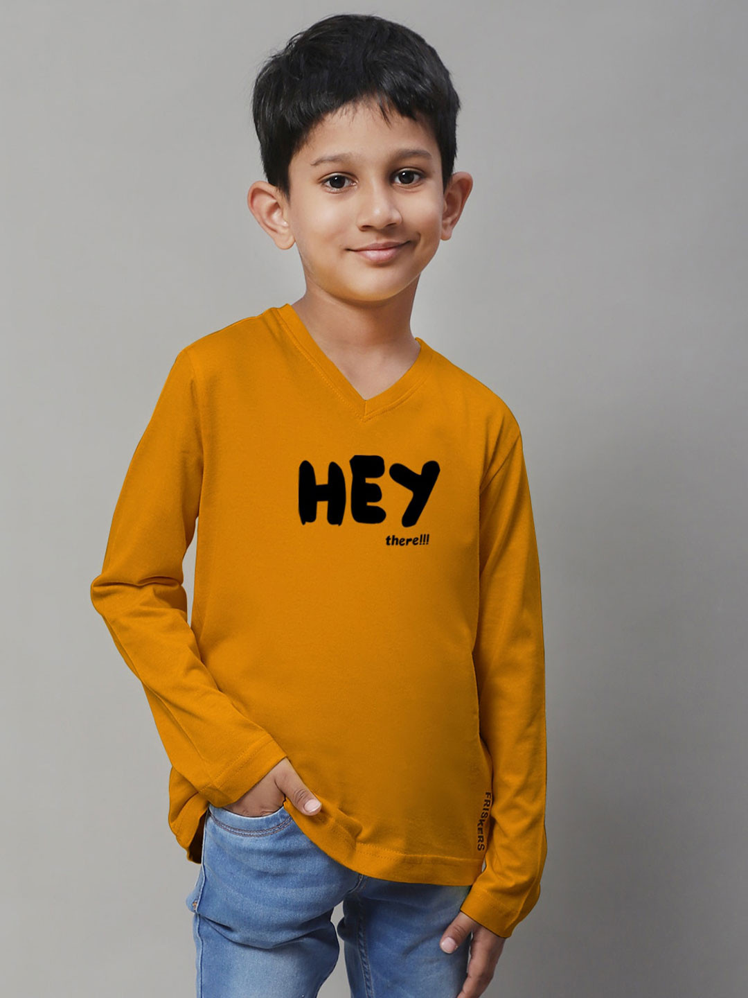 

Friskers Boys Mustard Yellow Typography Printed V-Neck Applique T-shirt