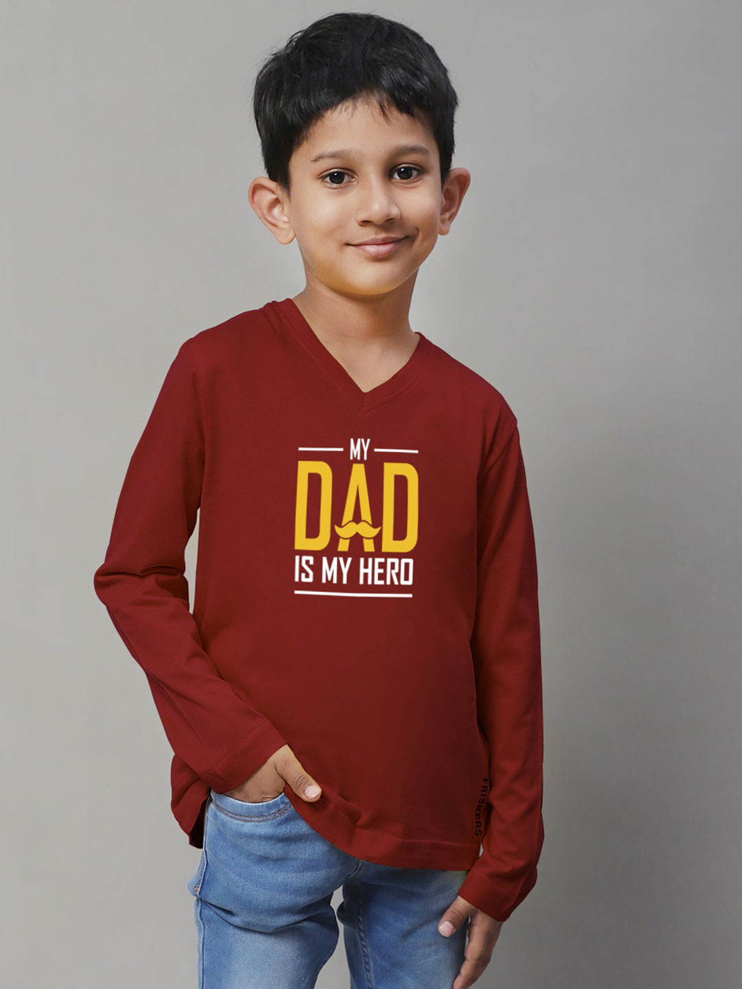 

Friskers Boys Maroon Typography Printed V-Neck Applique T-shirt