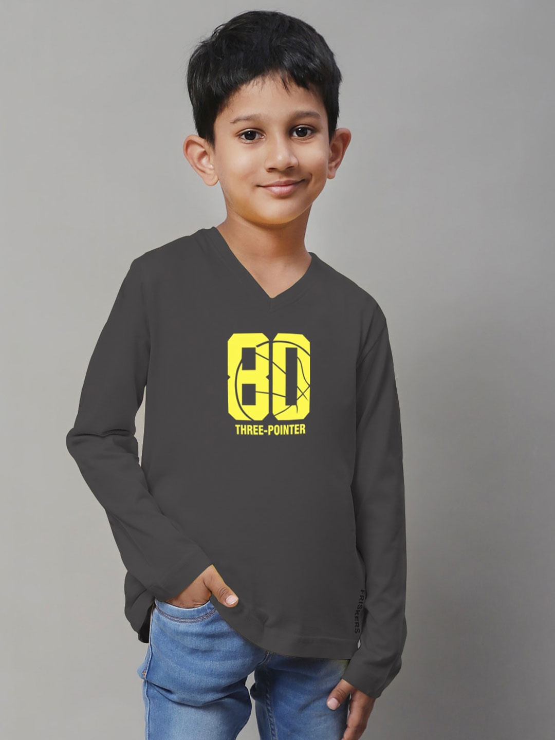 

Friskers Boys Grey Typography Printed V-Neck Applique T-shirt