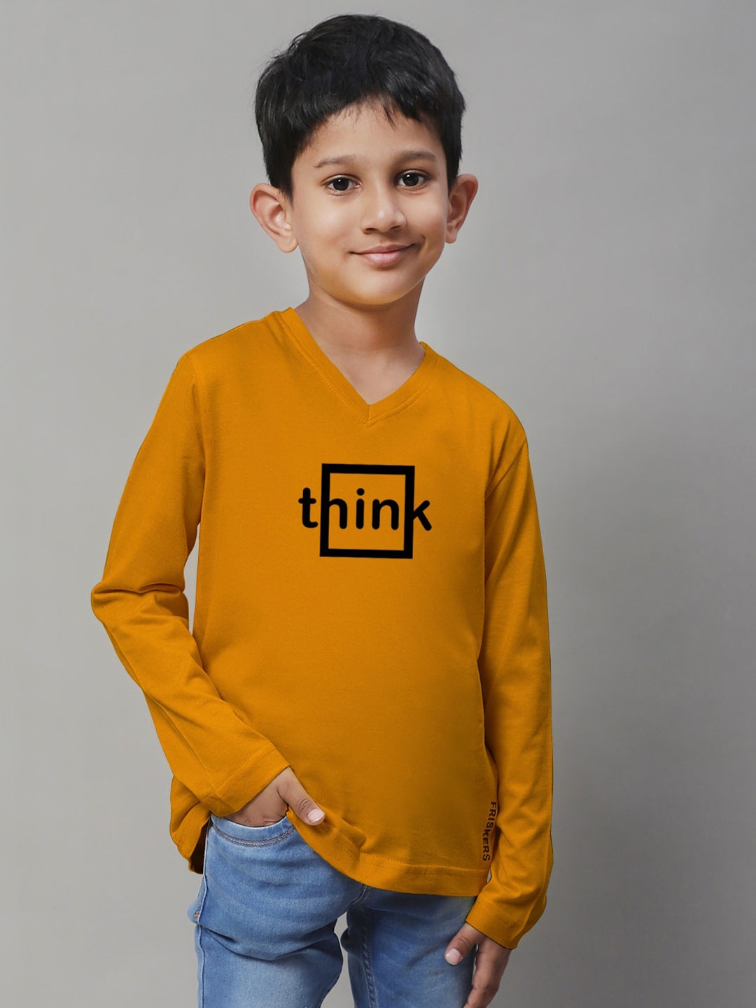 

Friskers Boys Mustard Yellow Typography Printed V-Neck Applique T-shirt