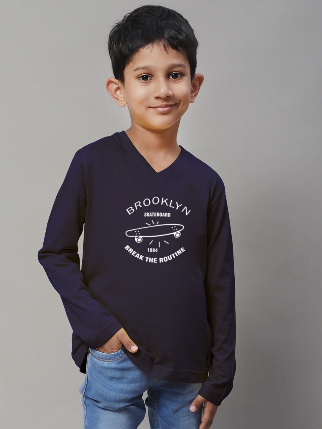 

Friskers Boys Navy Blue Typography Printed V-Neck T-shirt