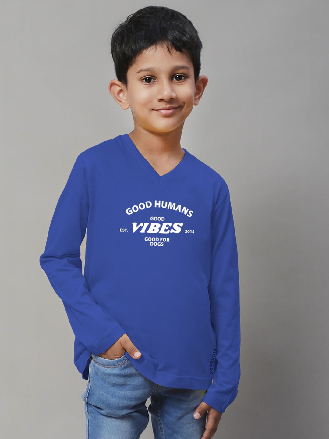 

Friskers Boys Blue Typography Printed V-Neck T-shirt
