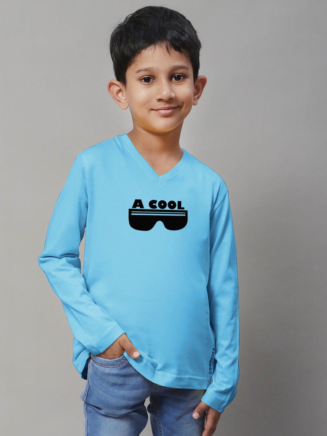 

Friskers Boys Turquoise Blue Typography V-Neck Applique T-shirt