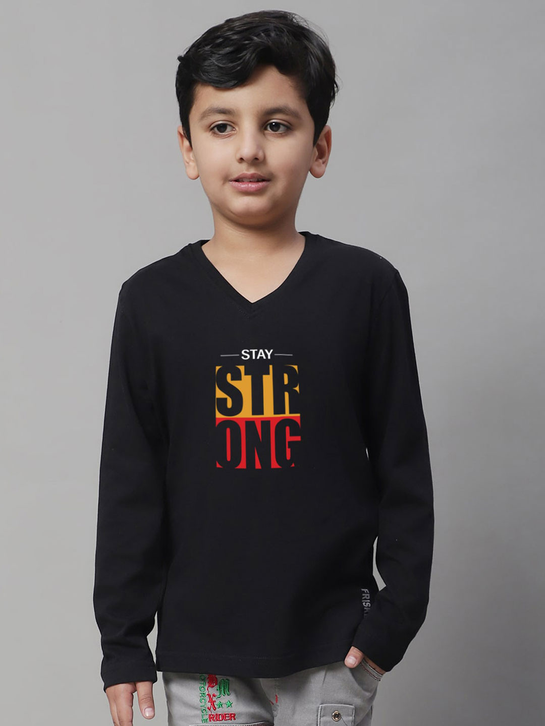 

Friskers Boys Black Typography Printed V-Neck Applique T-shirt