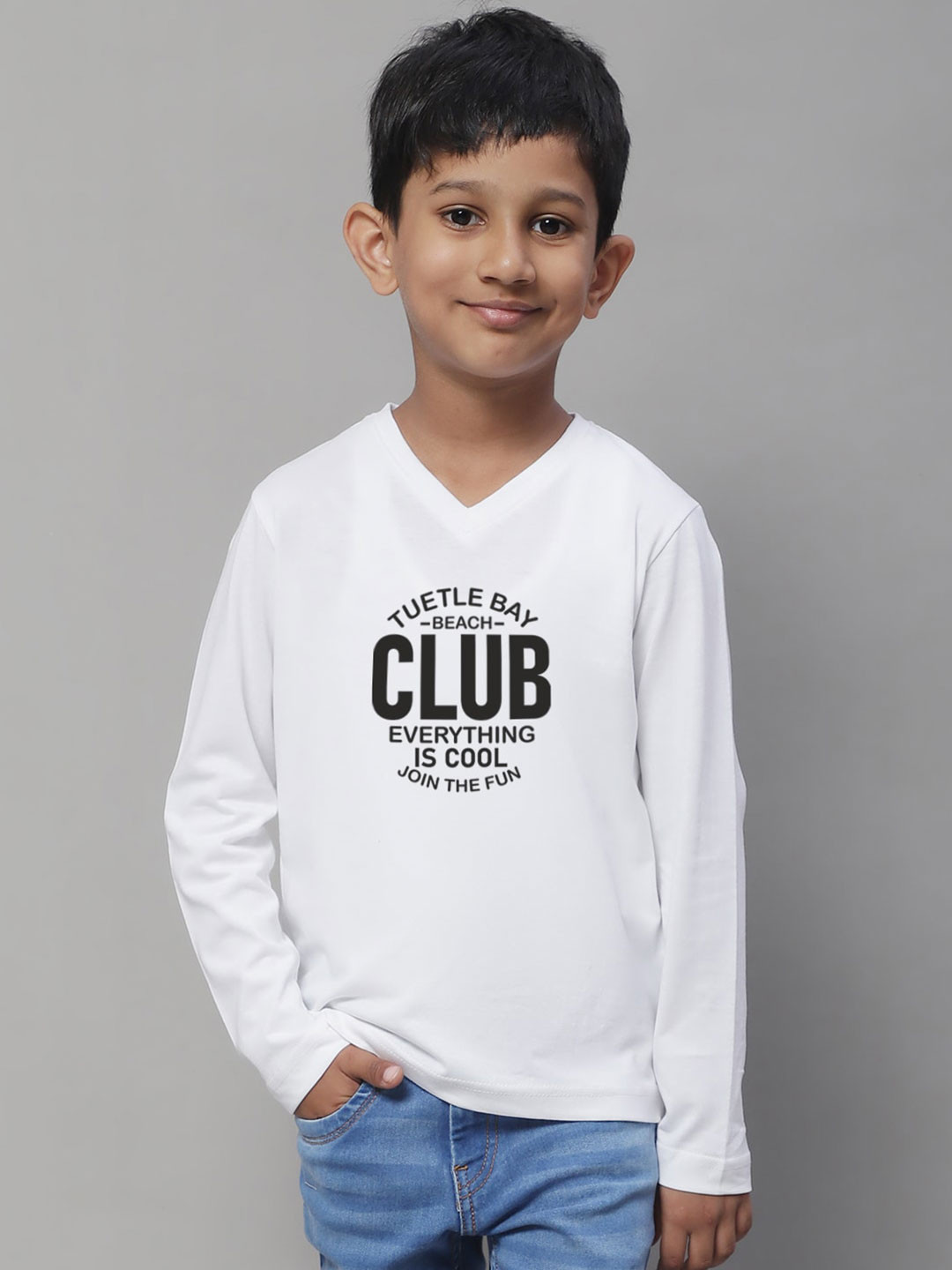 

Friskers Boys White Typography Printed V-Neck Applique T-shirt