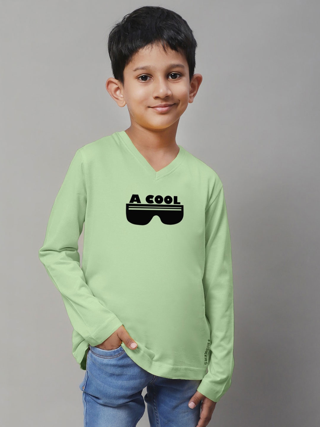 

Friskers Boys Sea Green Typography V-Neck Applique T-shirt