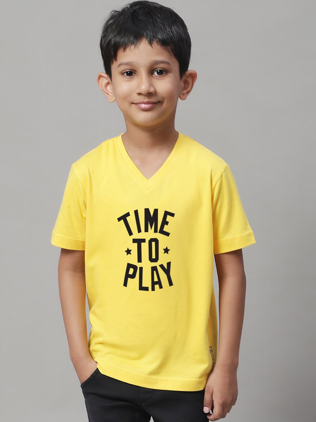 

Friskers Boys Yellow Typography Printed V-Neck Applique T-shirt