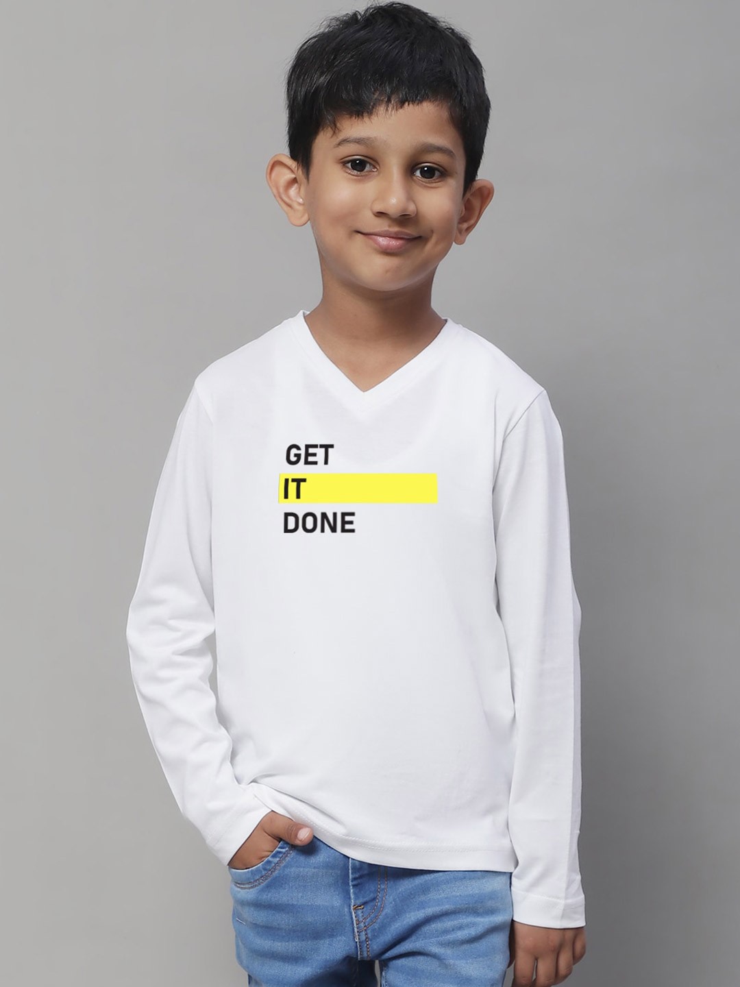 

Friskers Boys White Typography Printed V-Neck Applique T-shirt