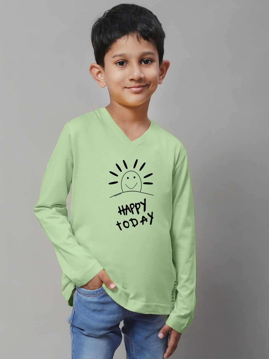 

Friskers Boys Sea Green Typography Printed V-Neck Applique T-shirt