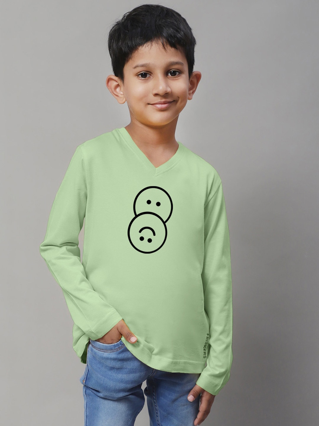 

Friskers Boys Sea Green Typography Printed V-Neck Applique T-shirt