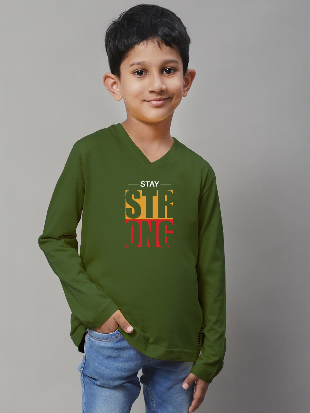 

Friskers Boys Olive Green Typography Printed V-Neck Applique T-shirt