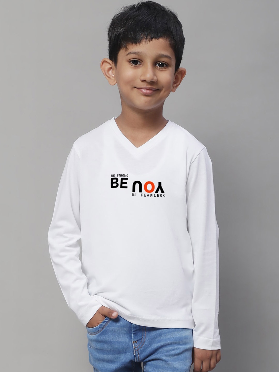 

Friskers Boys White Typography Printed V-Neck Applique T-shirt