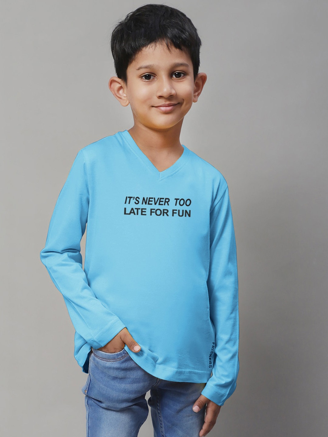 

Friskers Boys Turquoise Blue Typography Printed V-Neck T-shirt