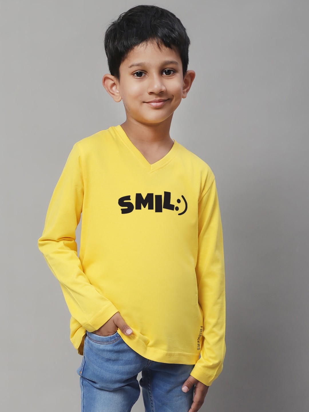 

Friskers Boys Yellow Typography V-Neck Applique T-shirt