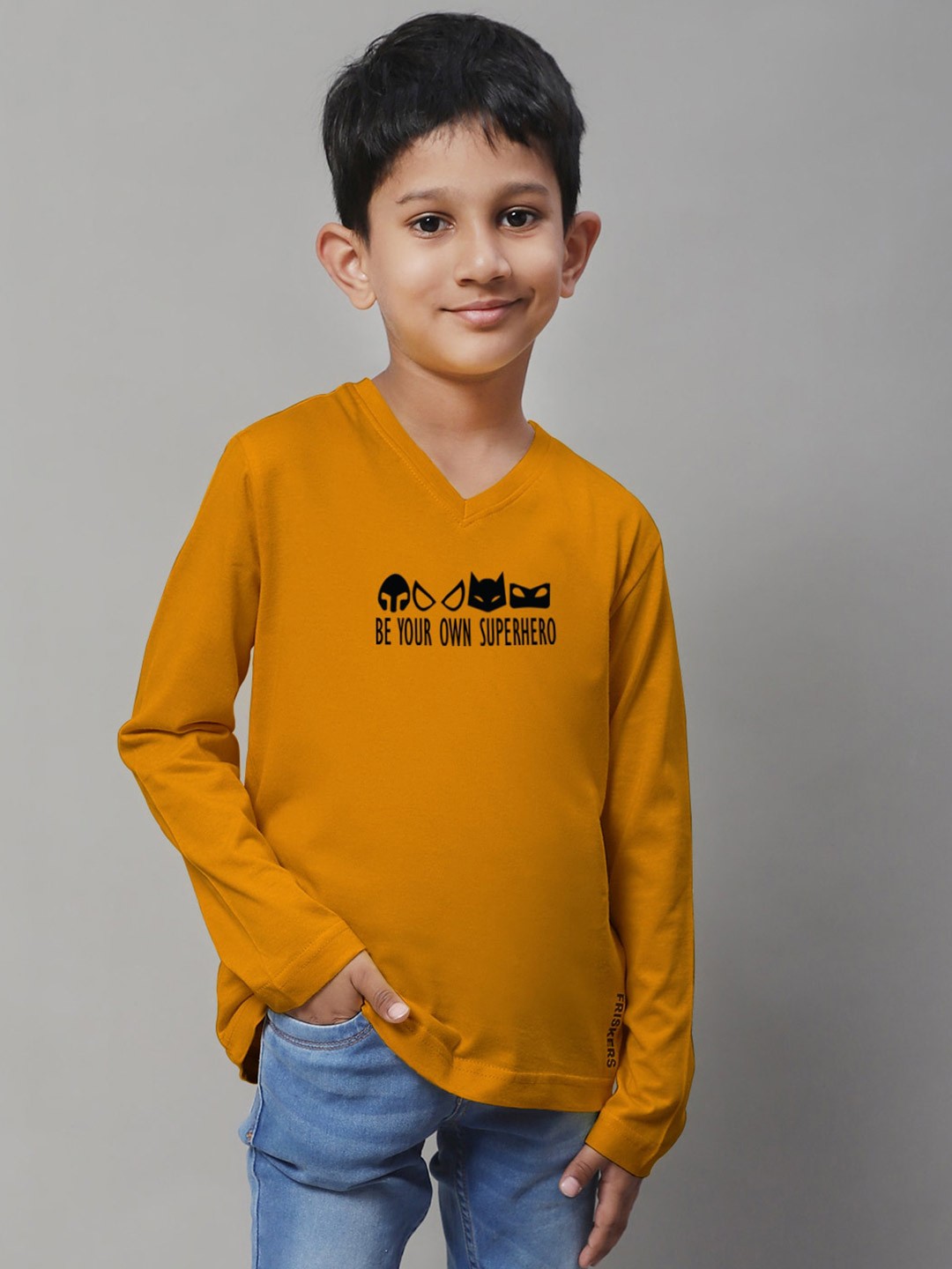 

Friskers Boys Mustard Yellow Typography Printed V-Neck Applique T-shirt