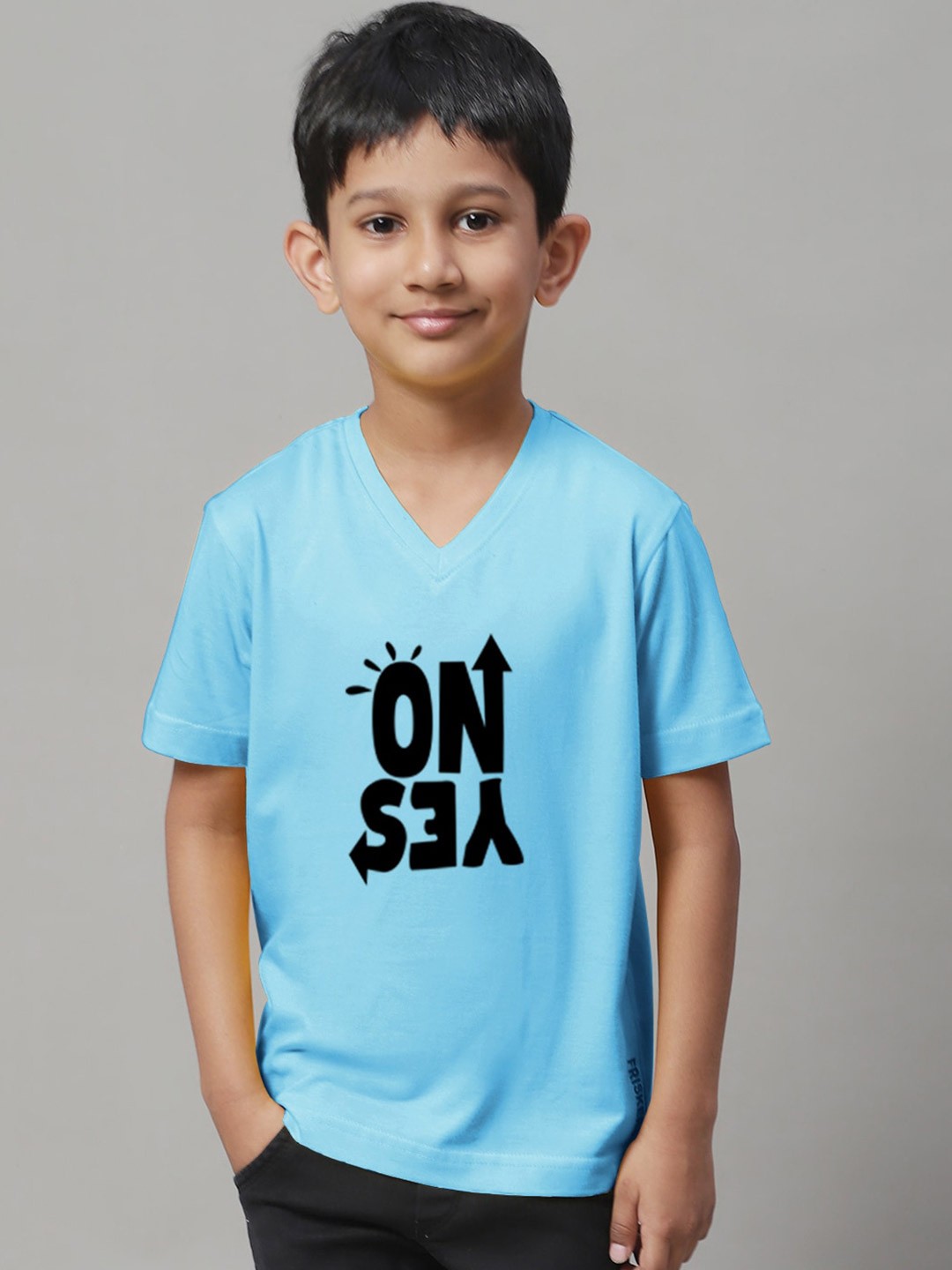 

Friskers Boys Turquoise Blue Typography Printed V-Neck Raw Edge T-shirt
